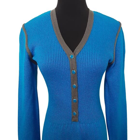 Vintage 80s Button Front Knit Midi Dress Blue Santana Knit V Neck Womens 10 - Picture 3 of 14